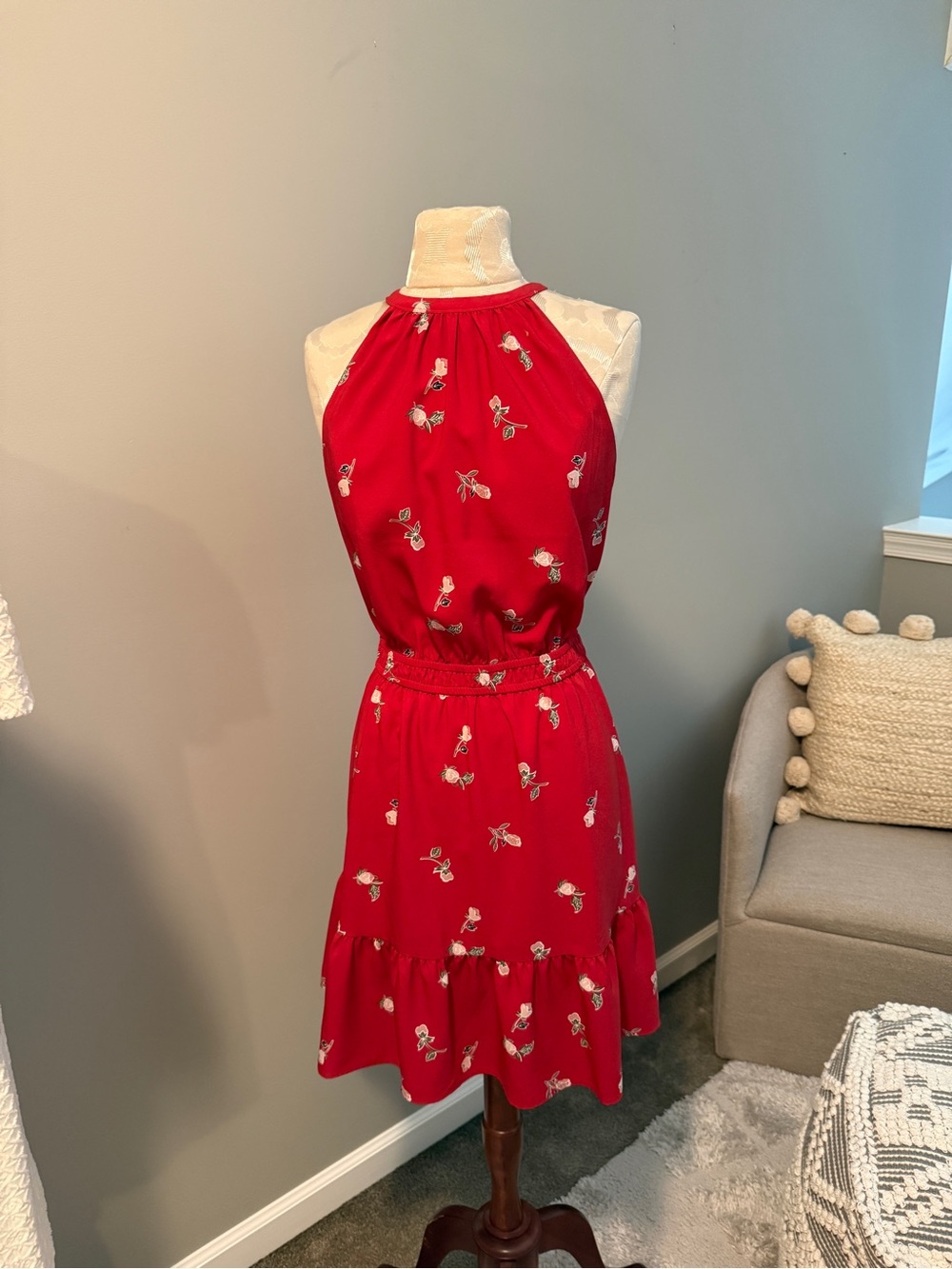 LOFT Red One-Shoulder Floral Halter Dress